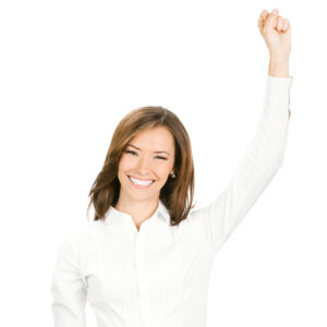 Happy gesturing businesswoman , on white